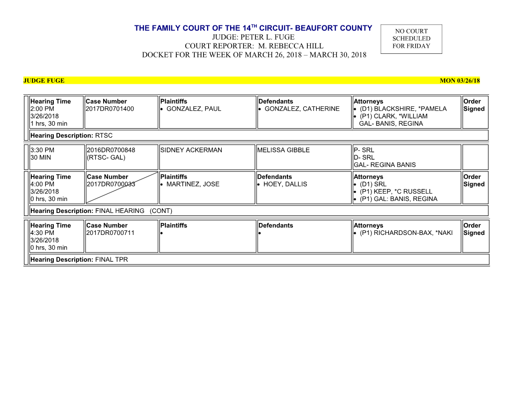 Docket for the Week of March 26, 2018 March 30, 2018