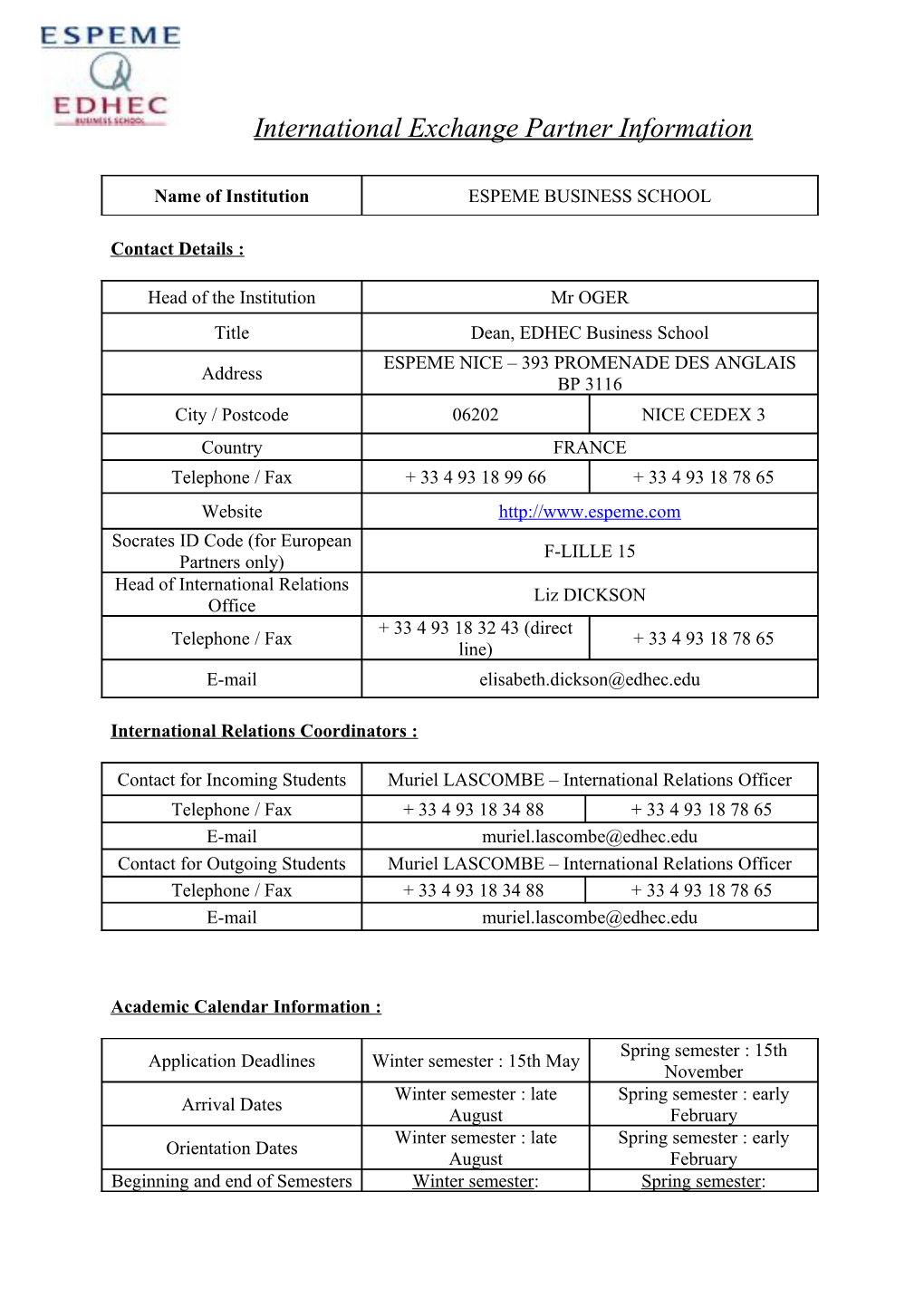 International Exchange Partner Information