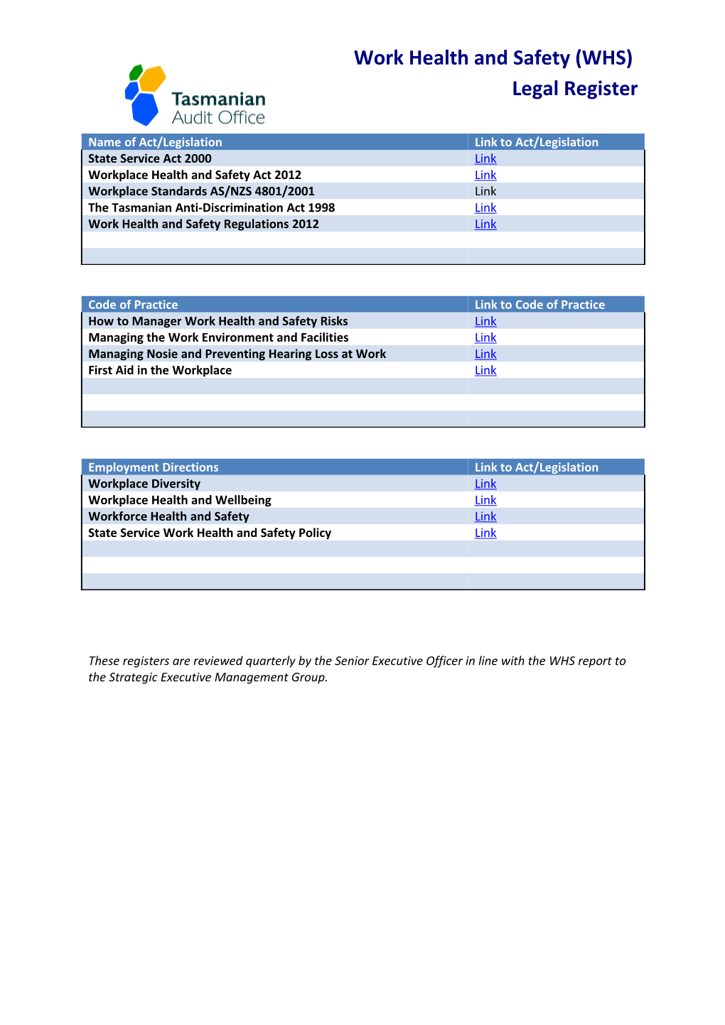 Work Health and Safety (WHS) Legal Register