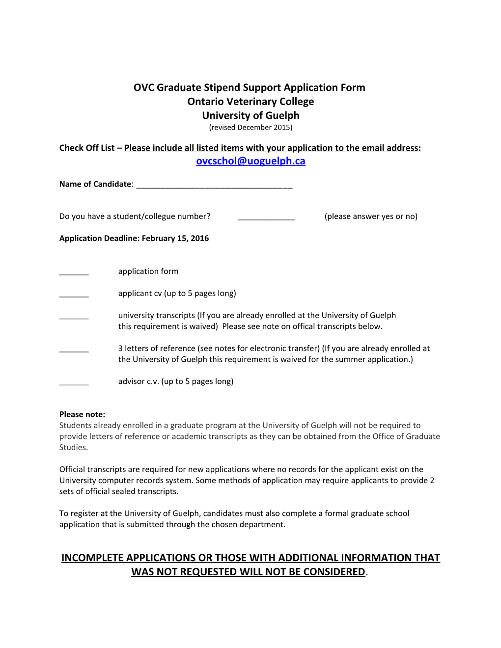 OVC Graduate Stipend Support Application Form