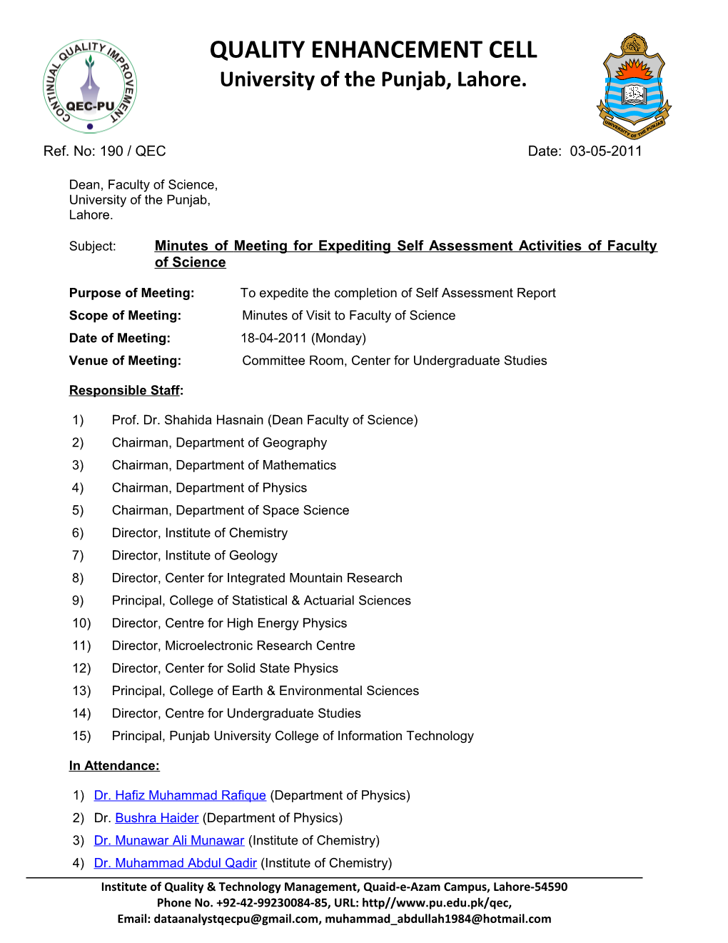 Subject: Minutes of Meeting for Expediting Self Assessment Activities of Faculty of Science