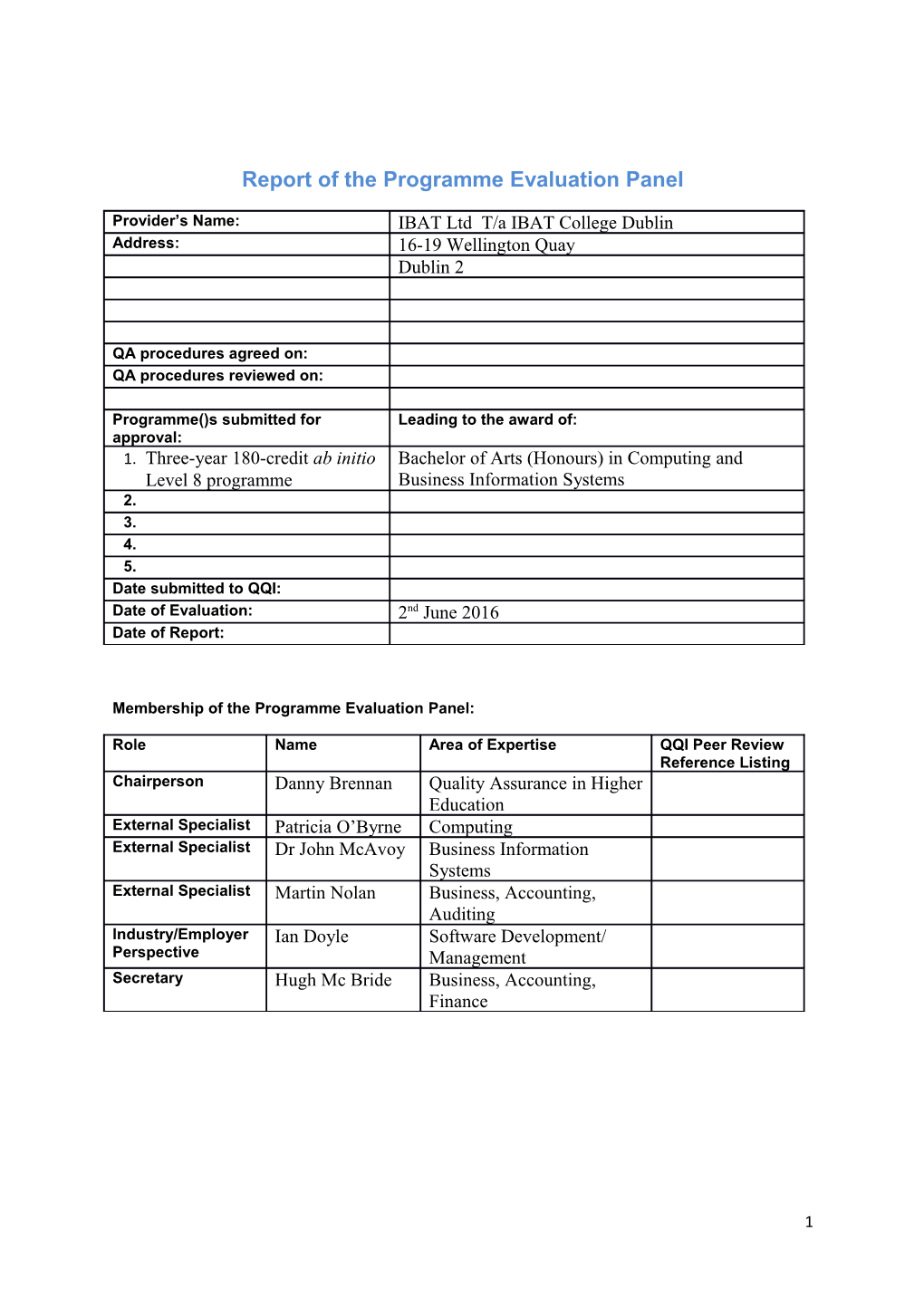 Report of the Programme Evaluation Panel