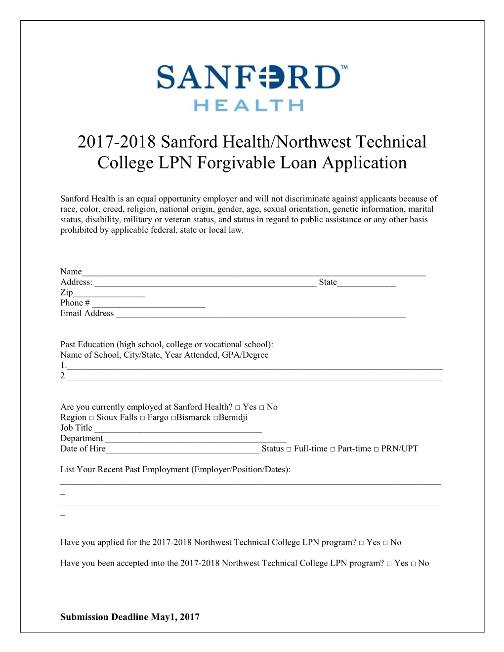 2017-2018 Sanford Health/Northwest Technical College LPN Forgivable Loan Application