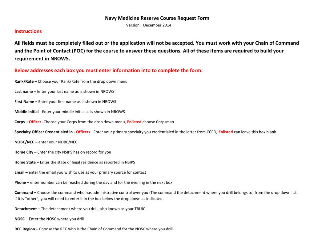 Navy Medicine Reserve Course Request Form