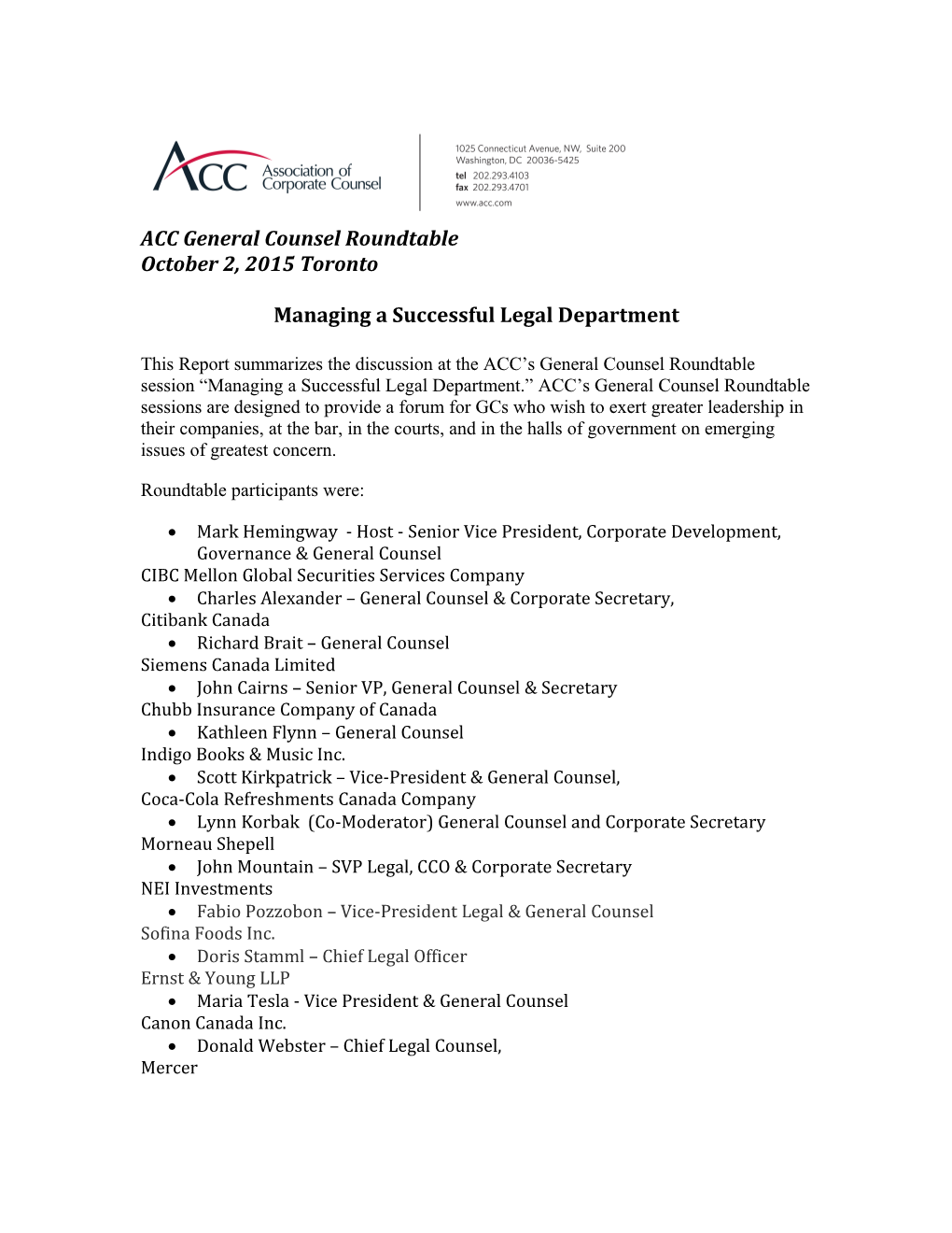 ACC General Counsel Roundtable