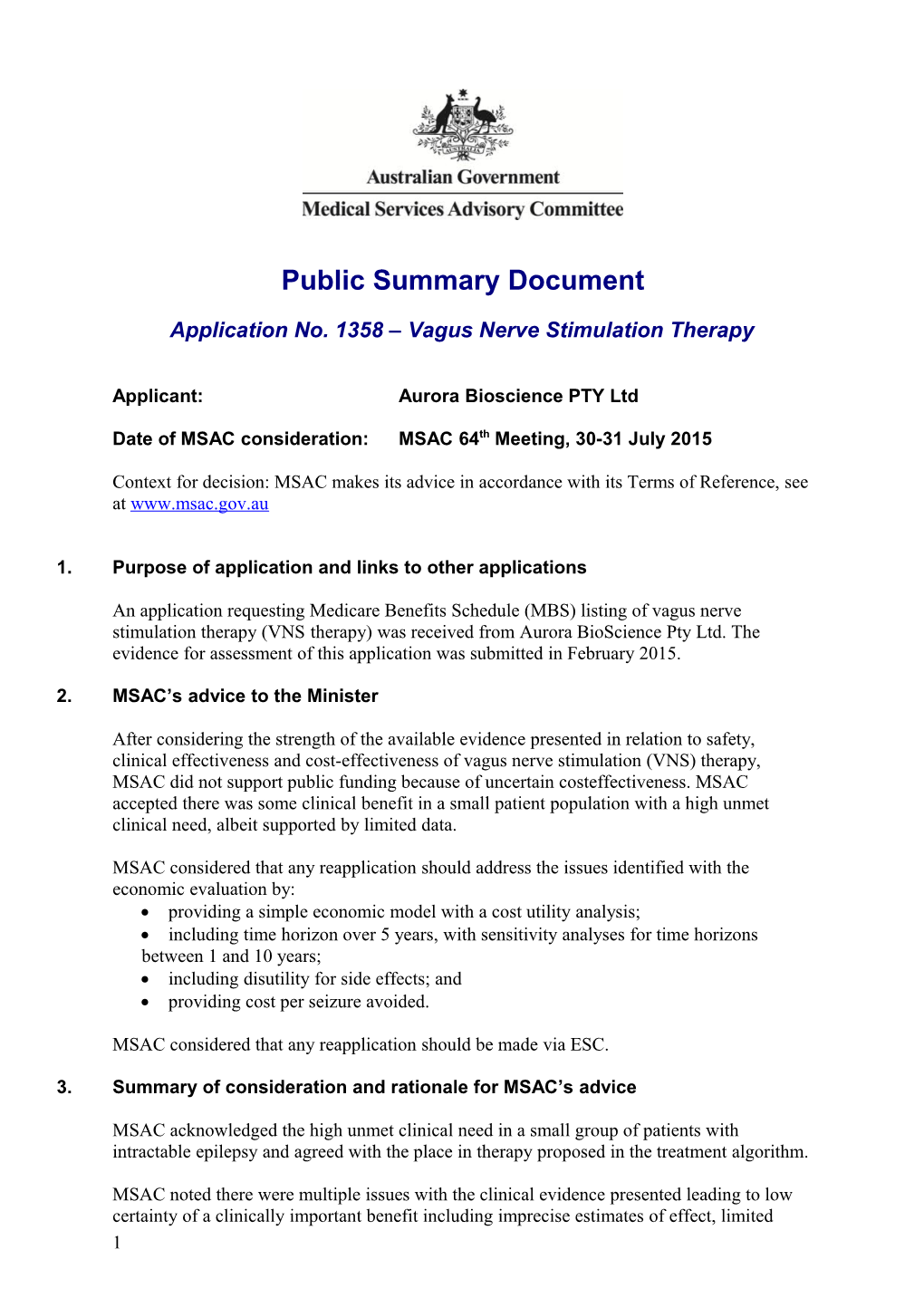 Application No. 1358 Vagus Nerve Stimulation Therapy