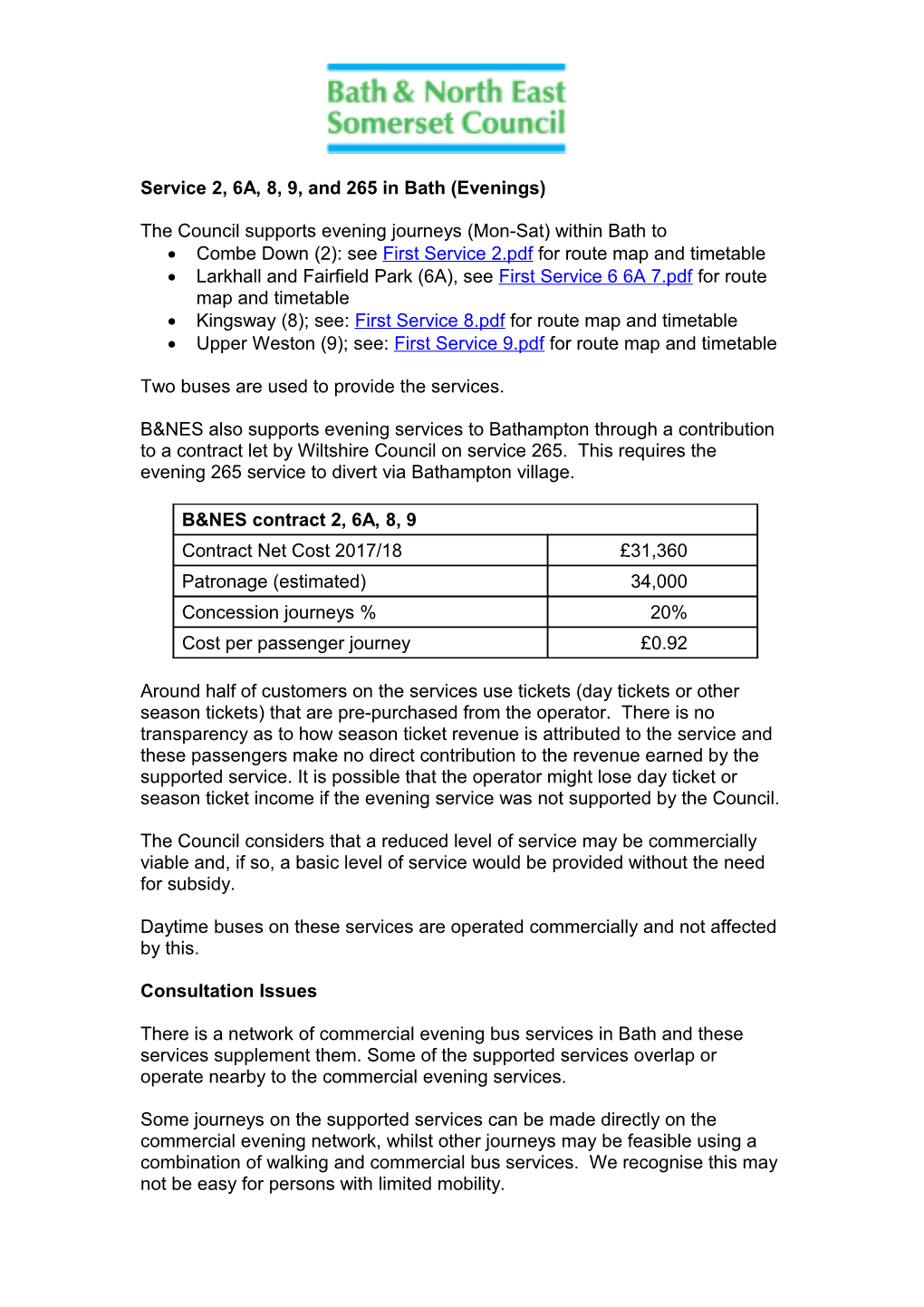 Service 2, 6A, 8, 9, and 265 in Bath (Evenings)