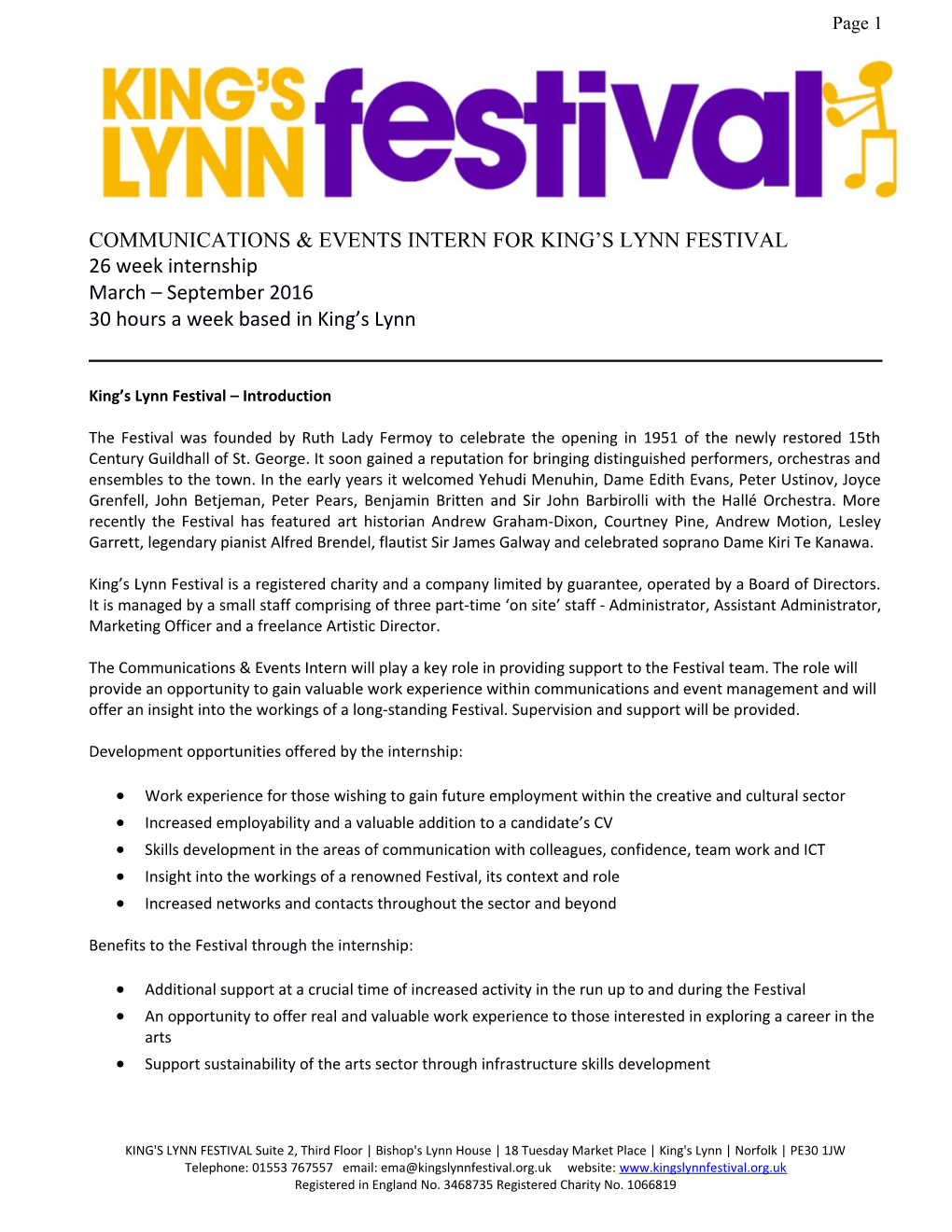 Communications Eventsintern for King S Lynn Festival