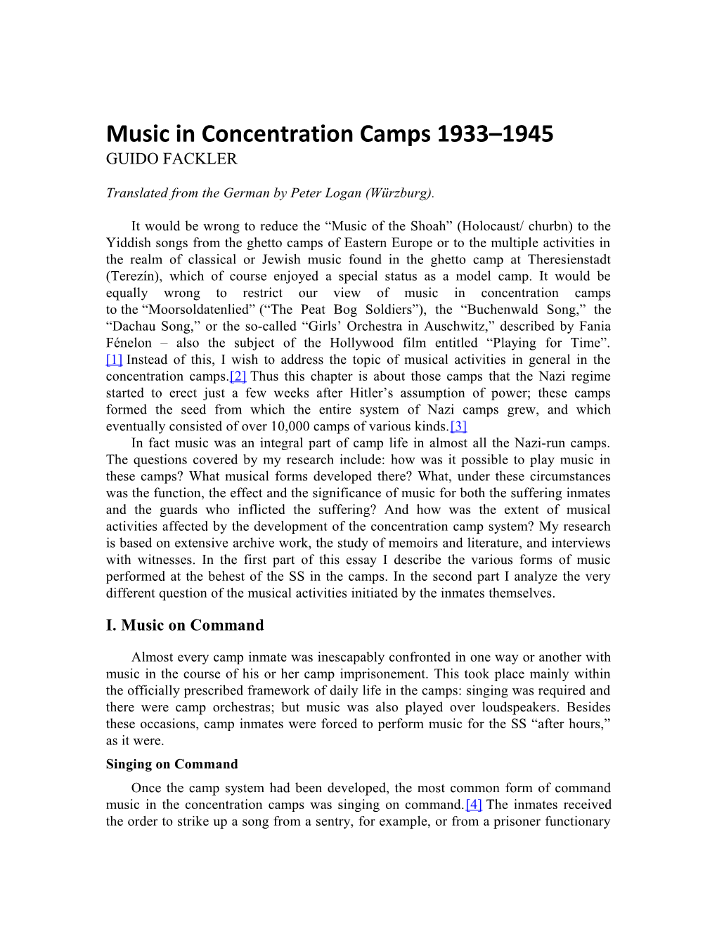 Music in Concentration Camps 1933 1945