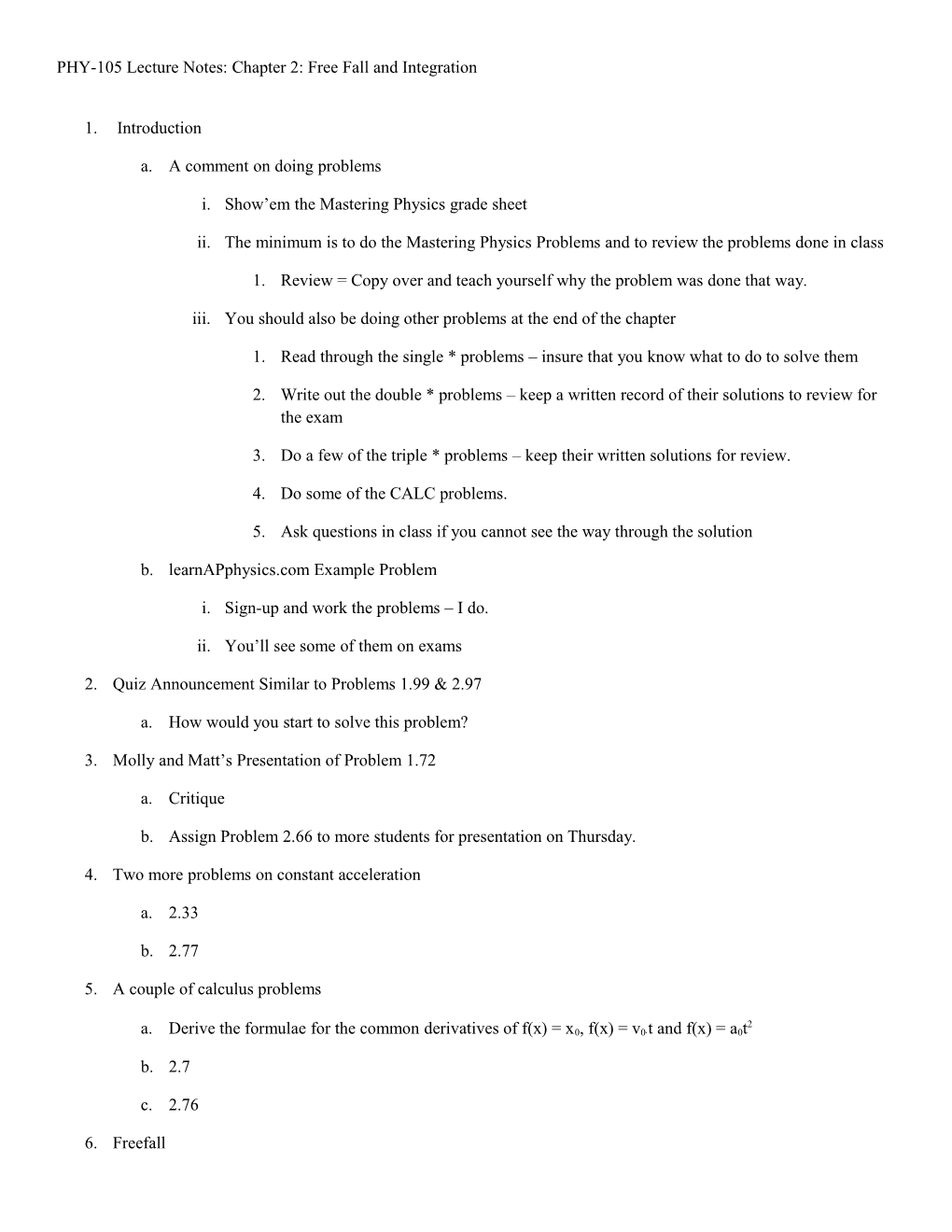 PHY-105 Lecture Notes: Chapter 2: Free Fall and Integration