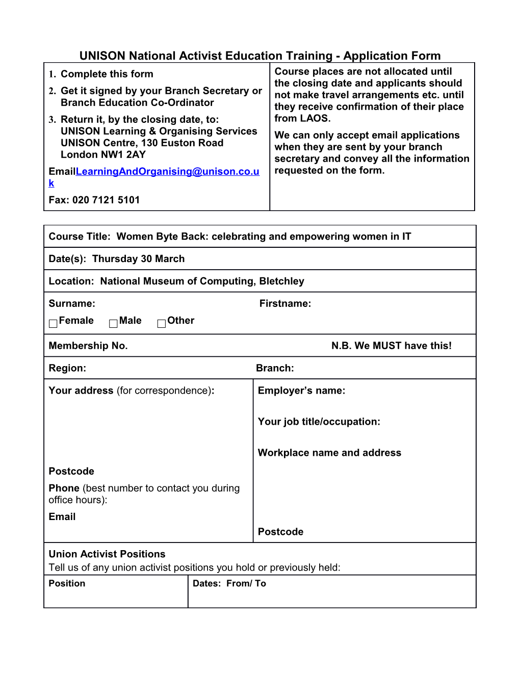 UNISON National Activist Education Training - Application Form