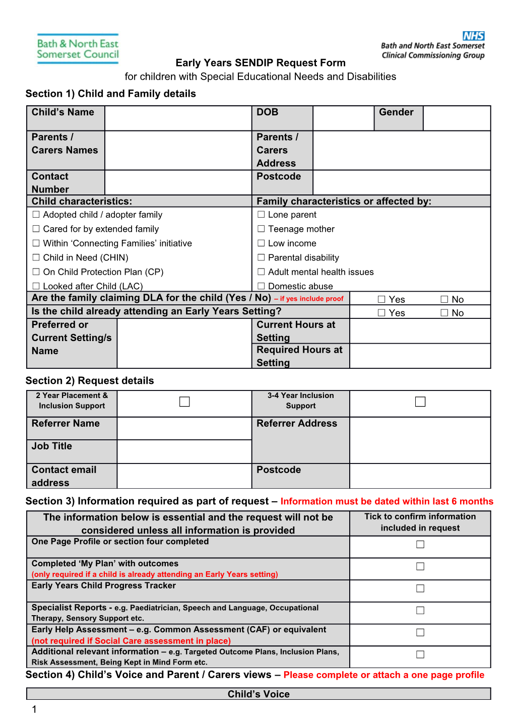 Early Years SENDIP Request Form