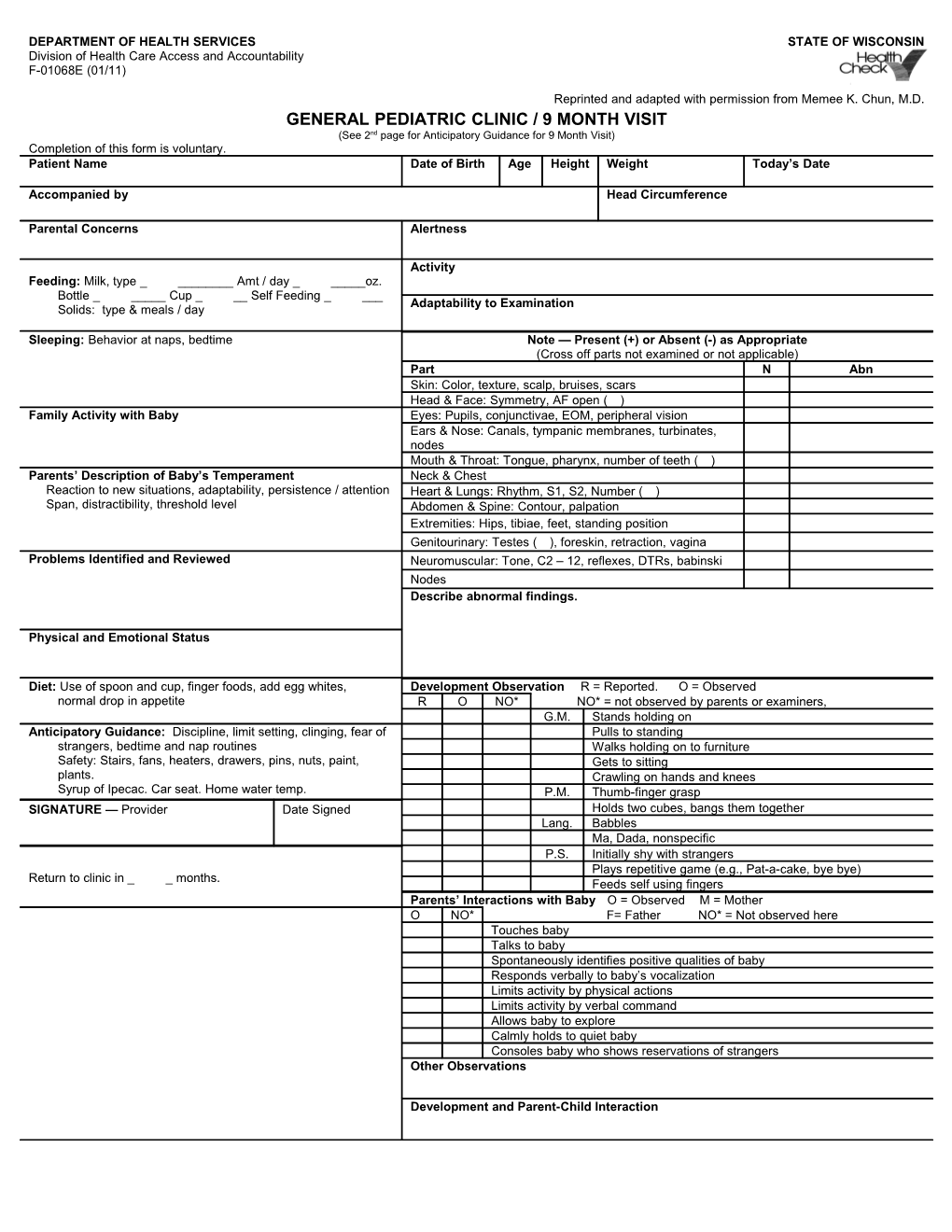 Healthcheck General Pediatric Clinic / 9 Month Visit