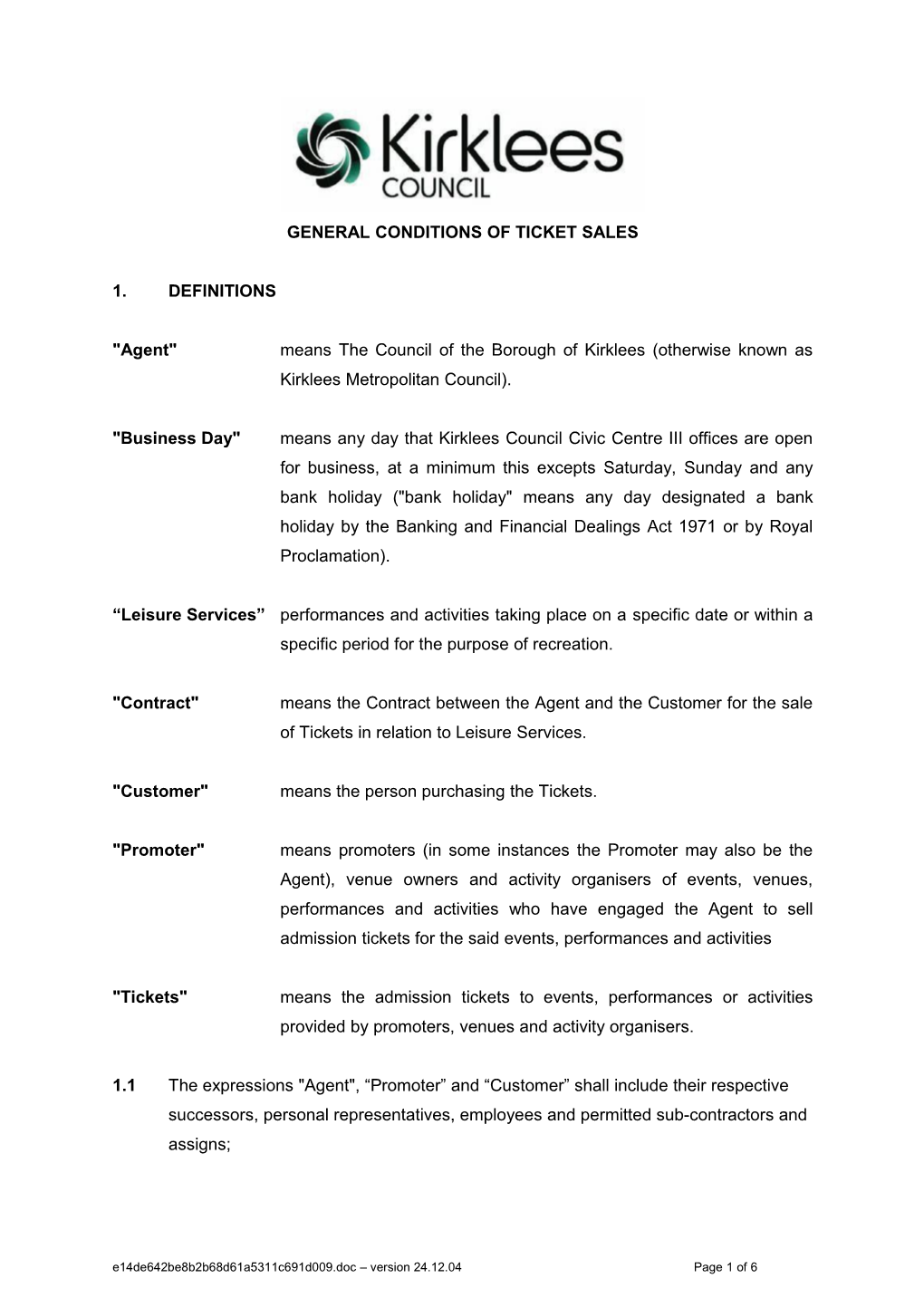 Kirklees Council Conditions of Ticket Sales