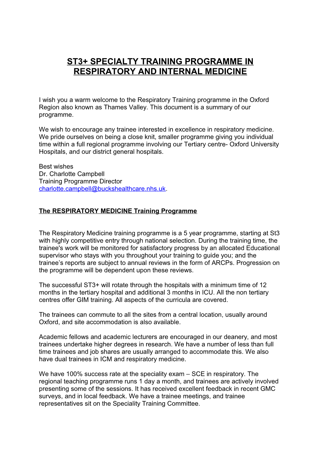 Oxford Deanery Specialty Training Programme in Respiratory Medicine