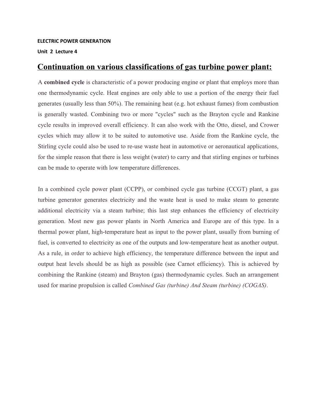 Continuation on Various Classifications of Gas Turbine Power Plant