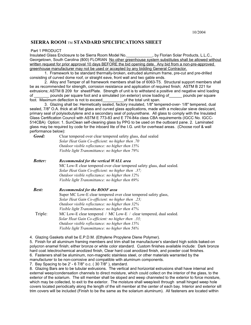 Sierra Room Tm Standard Specifications Sheet