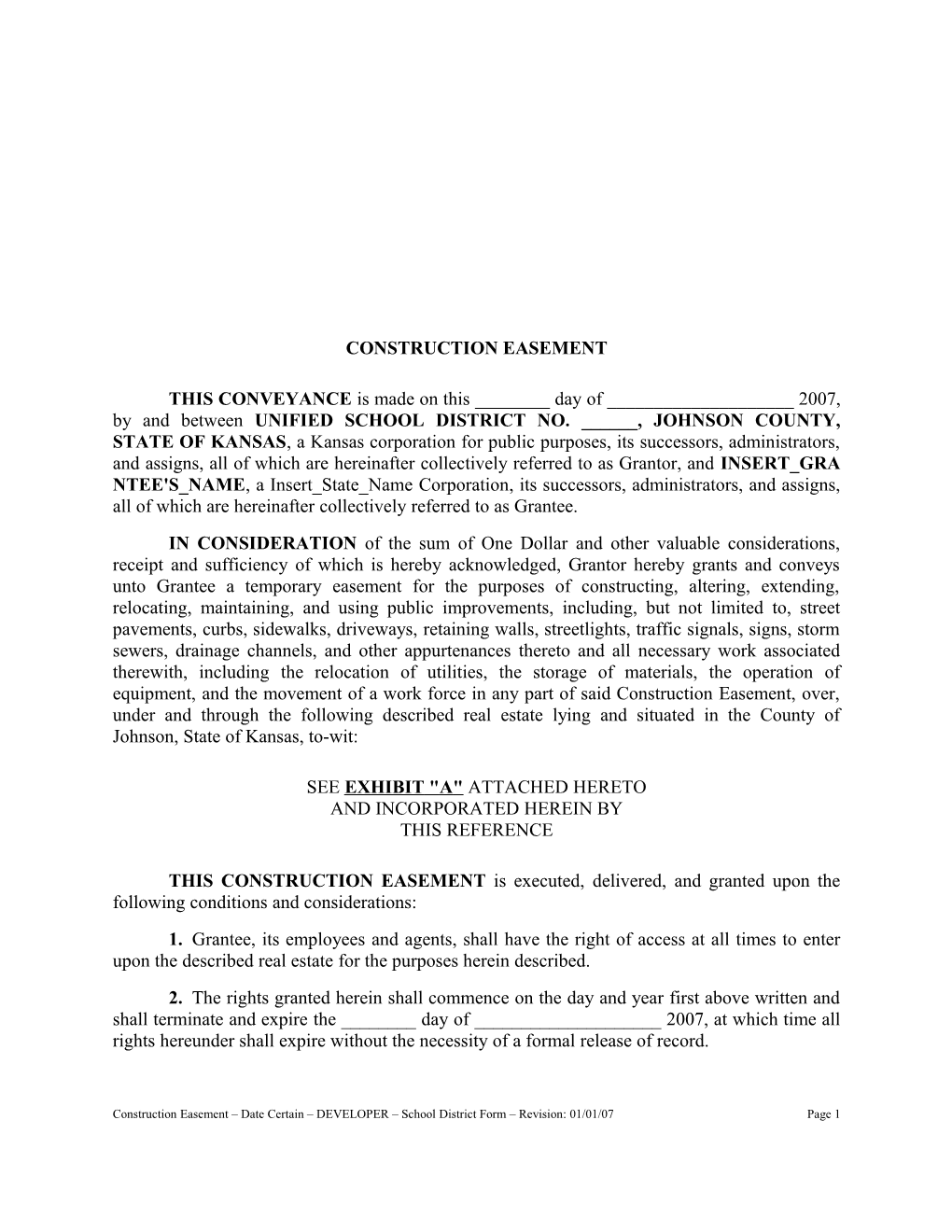 Construction Easement - Date Certain - DEVELOPER - School District Form