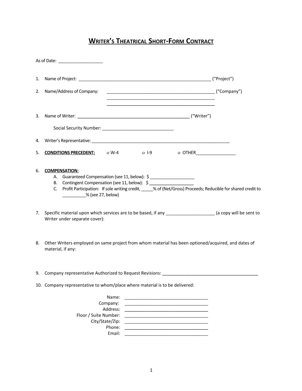 Writers Theatrical Short-Form Contract (For Employees)