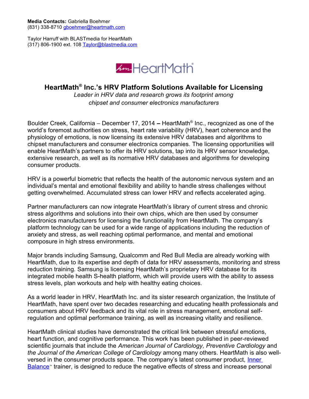 Heartmath Inc. Shrv Platformsolutions Available for Licensing