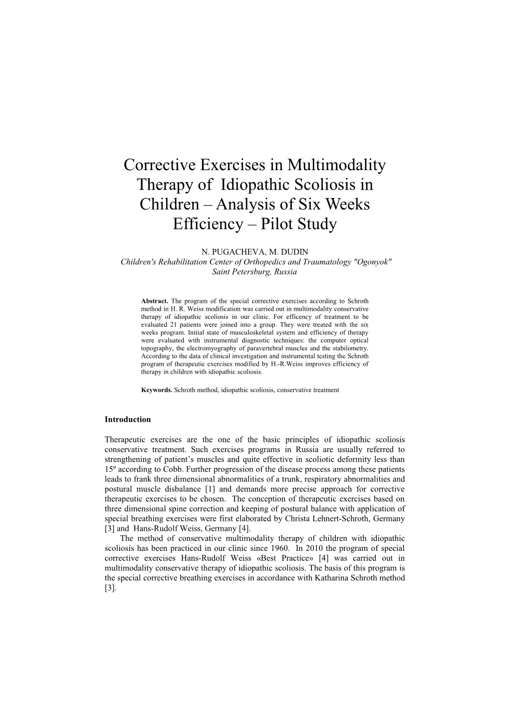 Corrective Exercises in Multimodality Therapy of Idiopathic Scoliosis in Children Analysis