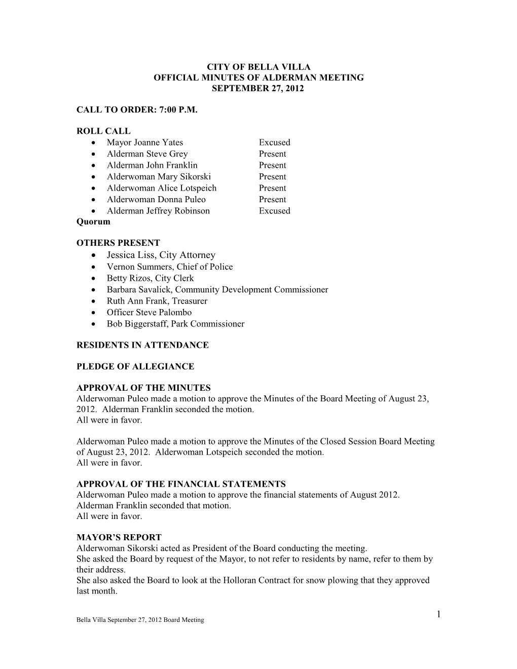 Official Minutes of Alderman Meeting