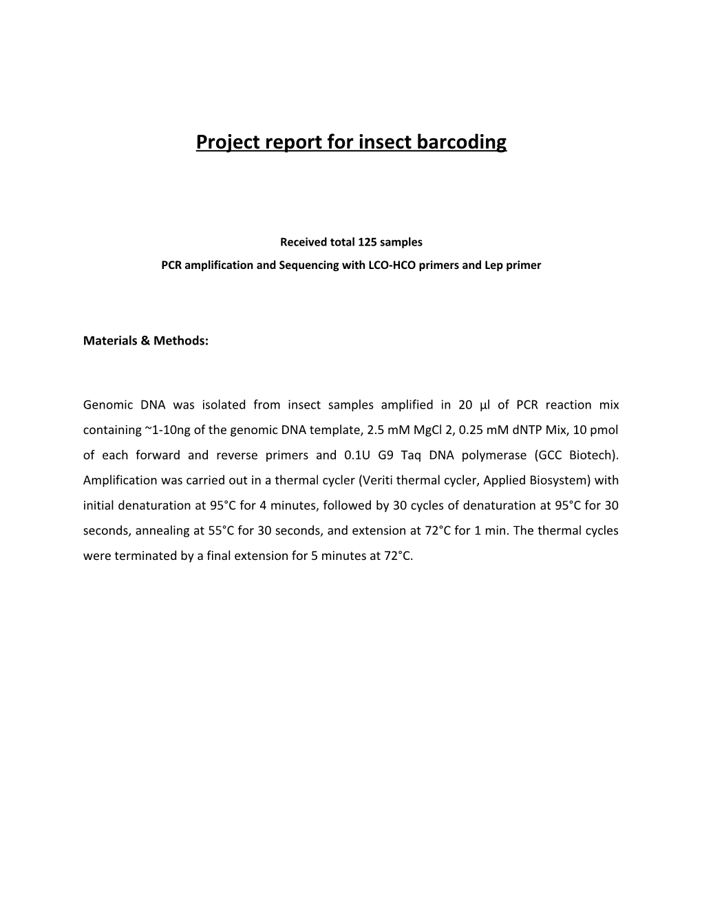 Project Report for Insect Barcoding