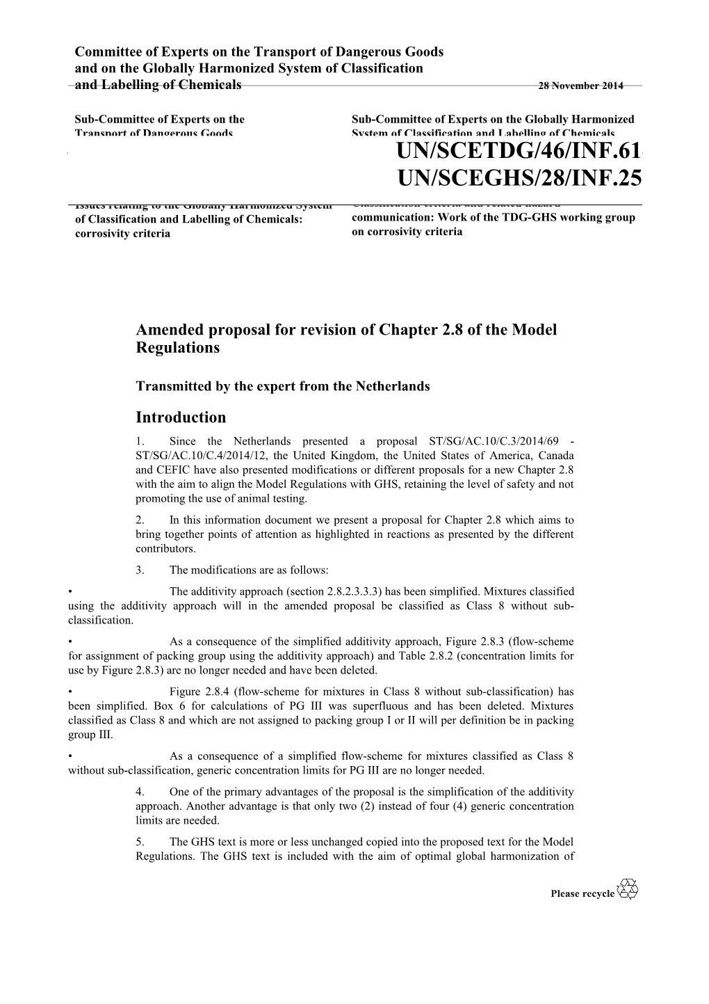 Amended Proposal for Revision of Chapter 2.8 of the Model Regulations