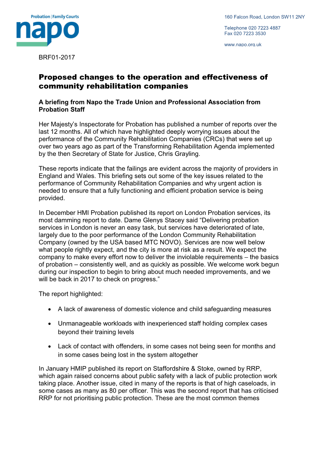 Proposed Changes to the Operation and Effectiveness of Community Rehabilitation Companies