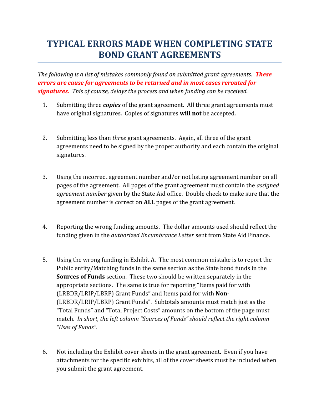 Typical Errors Made When Completing State Bond Grant Agreements