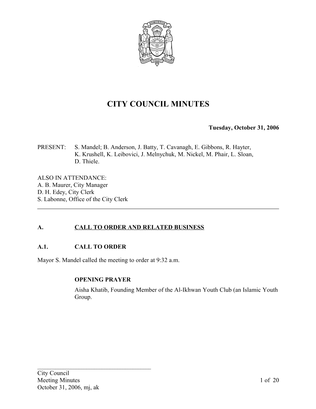 Minutes for City Council October 31, 2006 Meeting