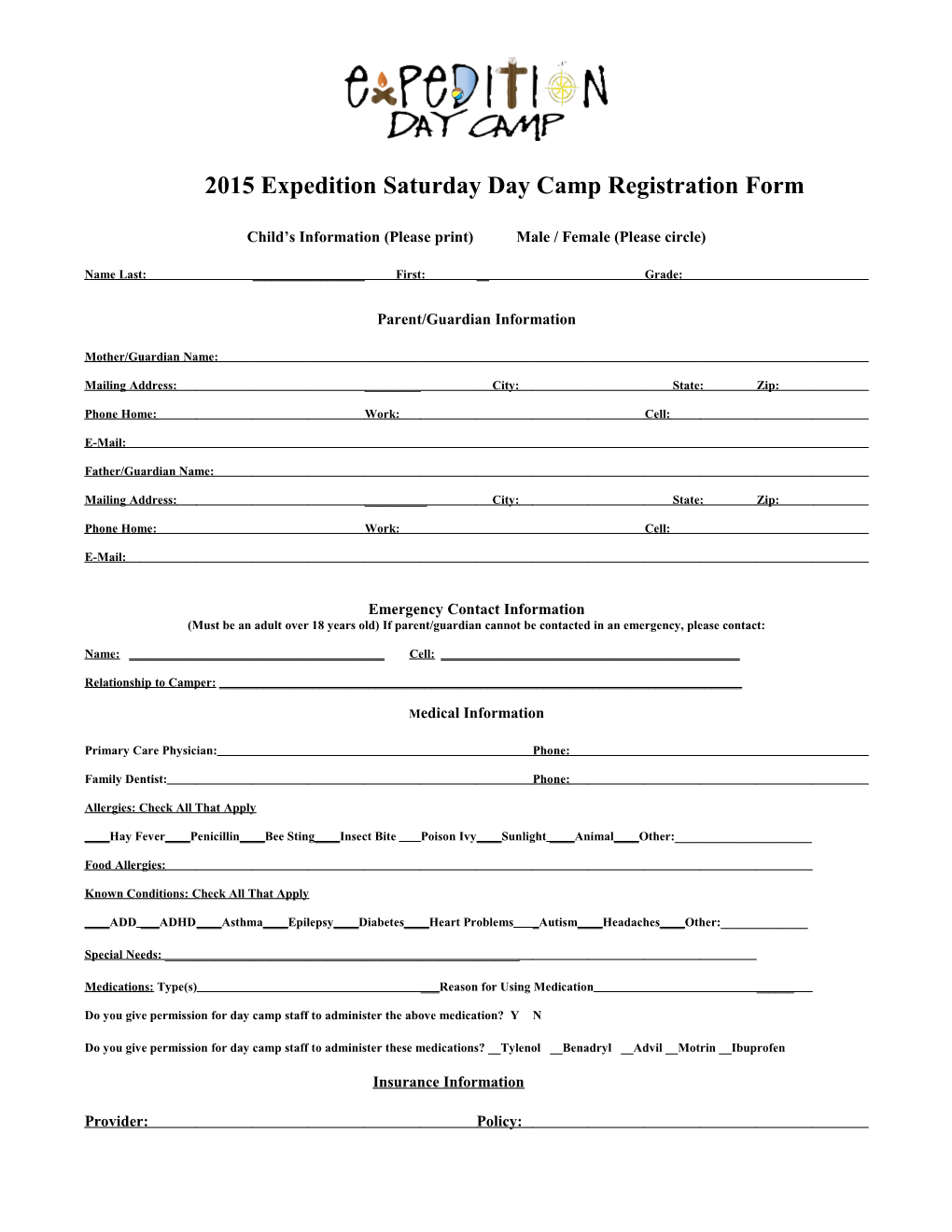 2011 Expedition Day Camp Registration Form