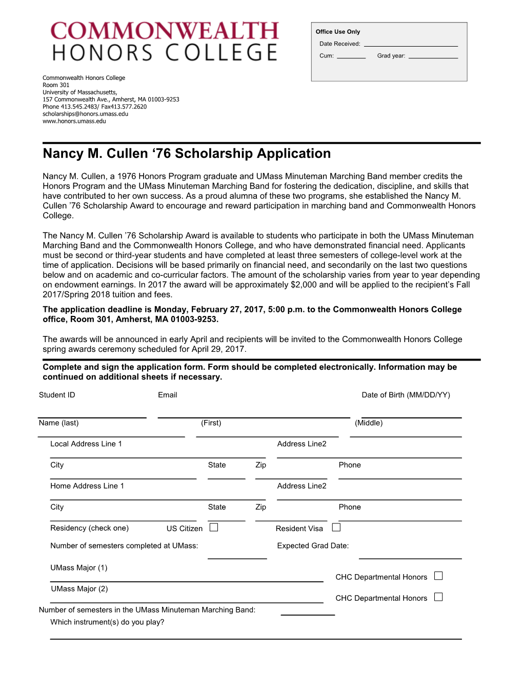 Nancy M. Cullen 76 Scholarship Application