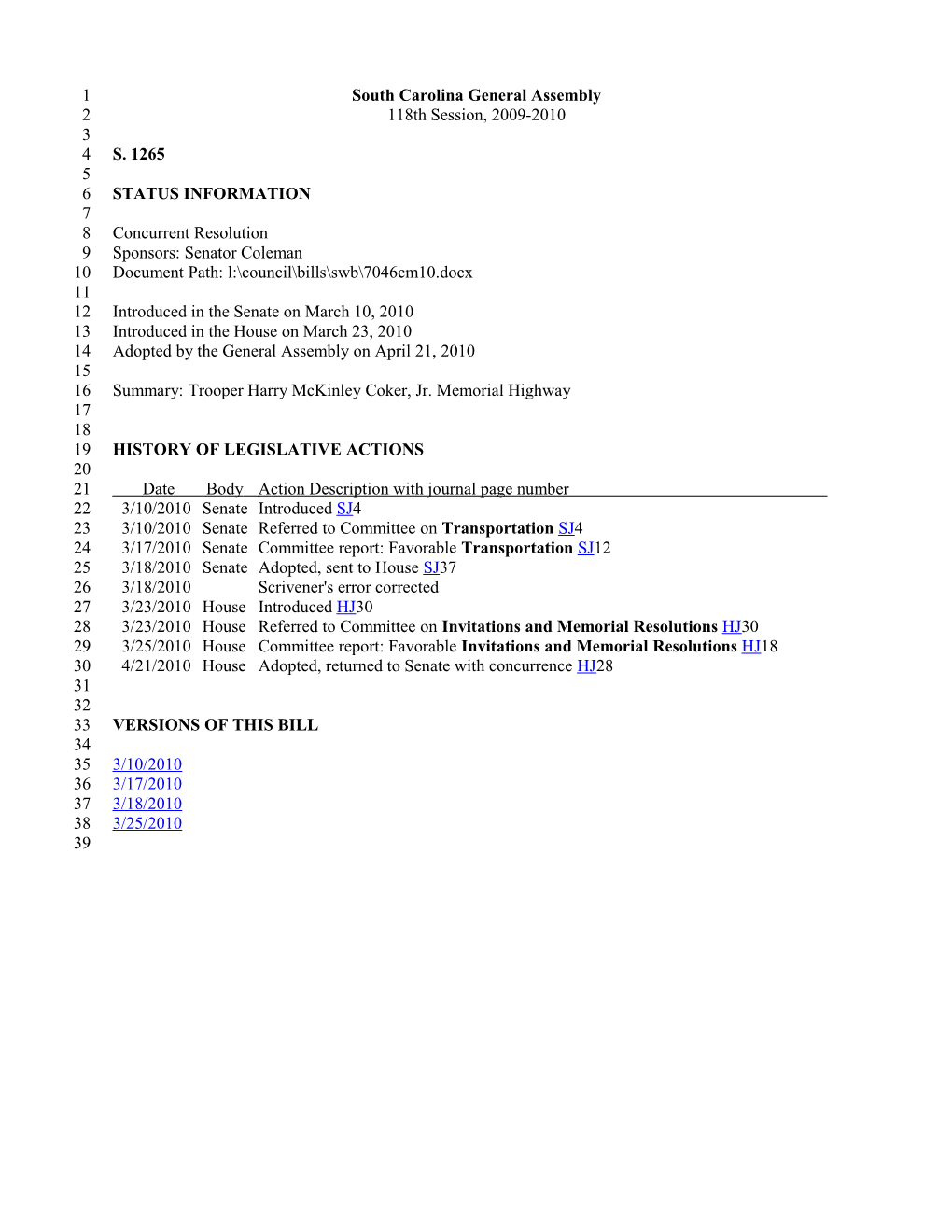 2009-2010 Bill 1265: Trooper Harry Mckinley Coker, Jr. Memorial Highway - South Carolina