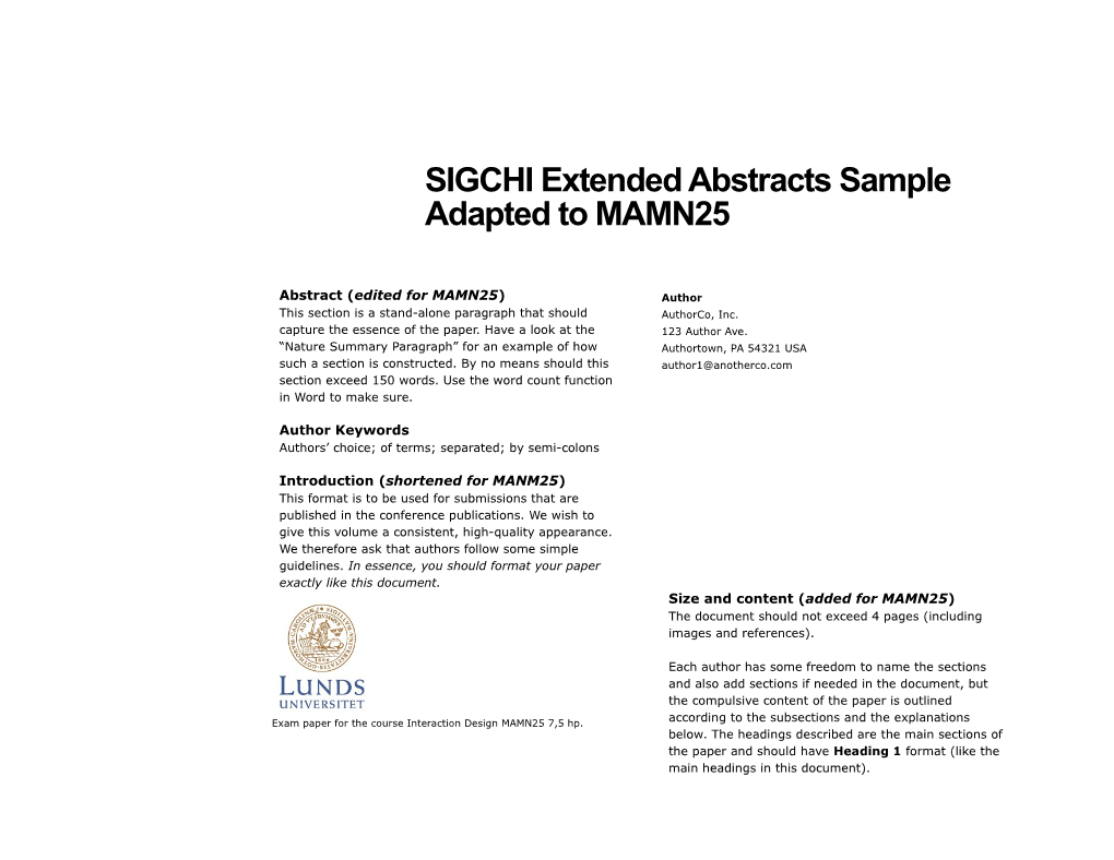SIGCHI Extended Abstracts Sample Adapted to MAMN25