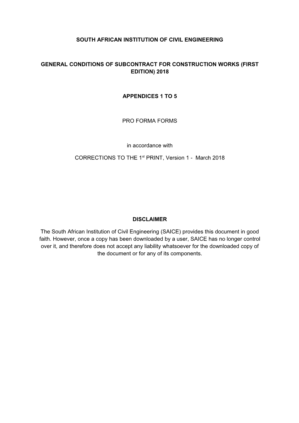 General Conditions of Subcontract for Construction Works First Edition (2018)