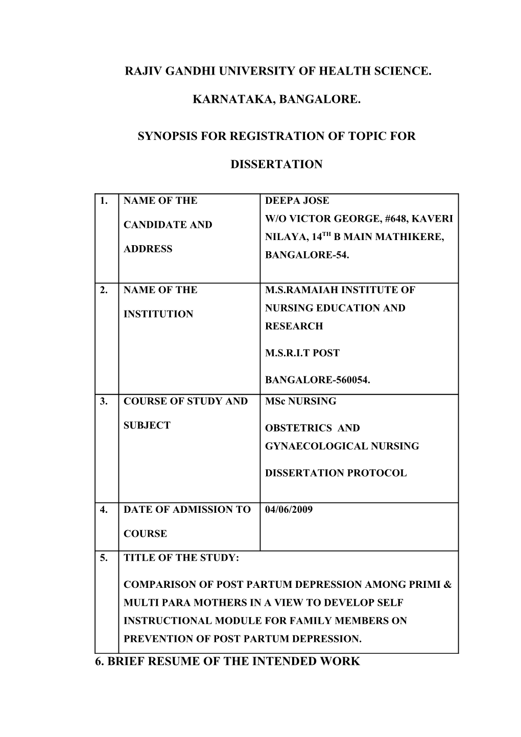 Synopsis for Registration of Topic for Dissertation