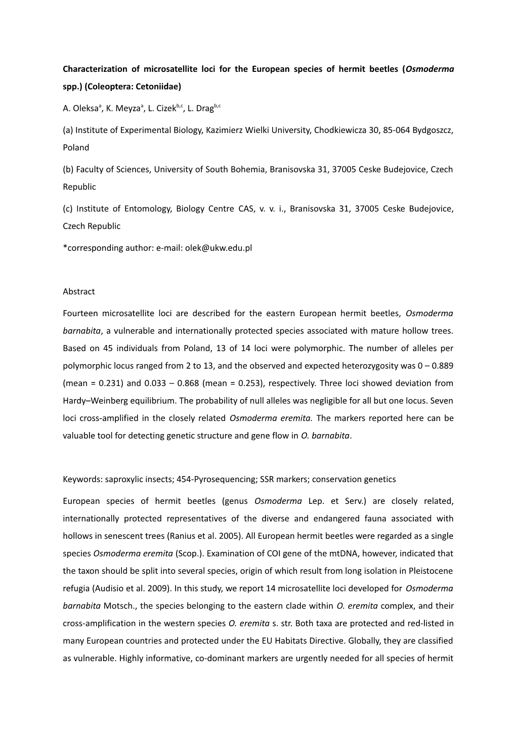 Characterization of Microsatellite Loci for the European Species of Hermit Beetles (Osmoderma