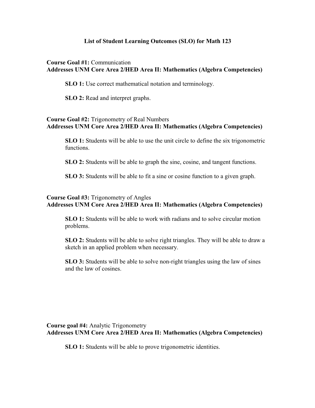 List of Student Learning Outcomes (SLO) for Math 123
