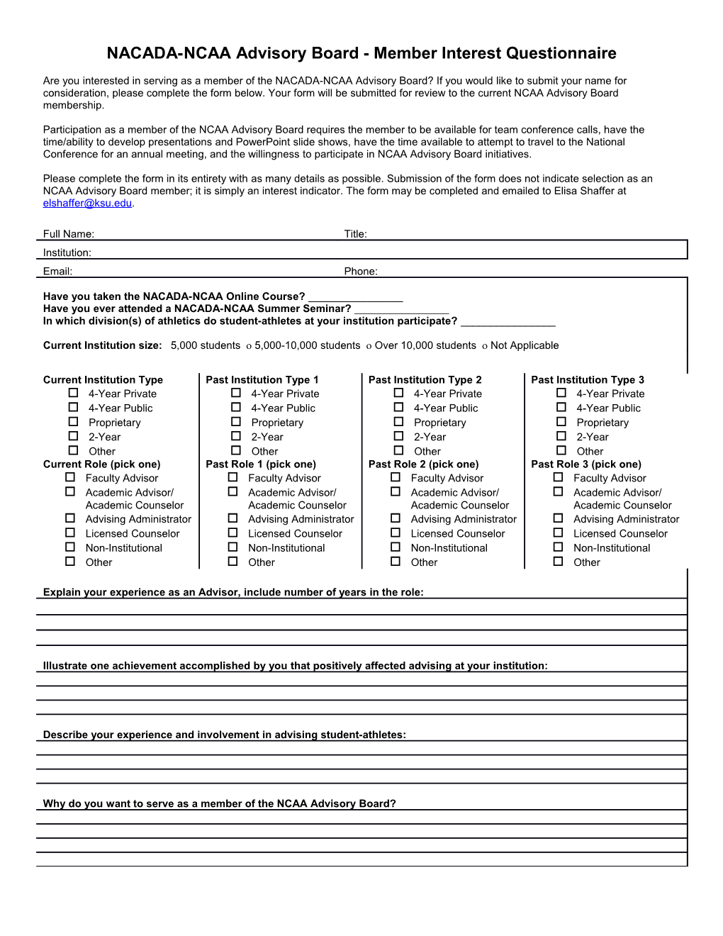 NACADA-NCAA Advisory Board - Member Interest Questionnaire