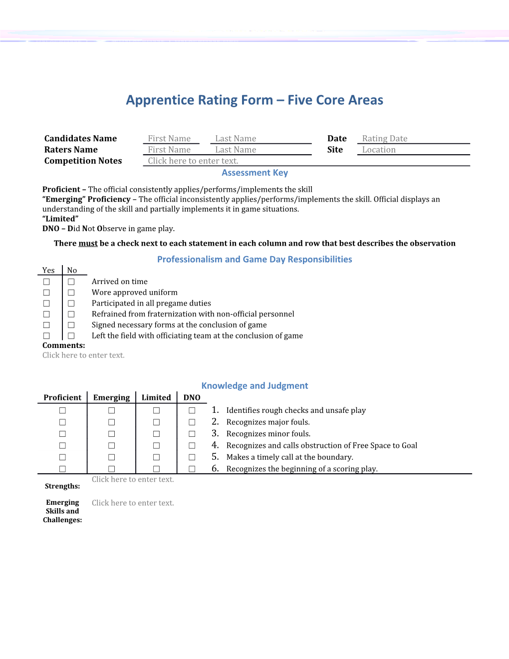Apprentice Rating Form Five Core Areas