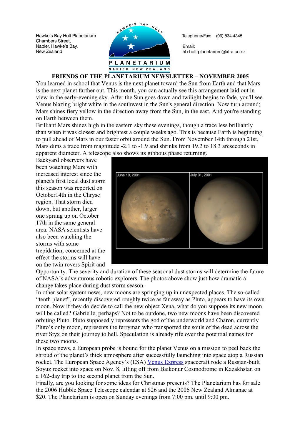 Friends of the Planetarium Newsletter November 2005