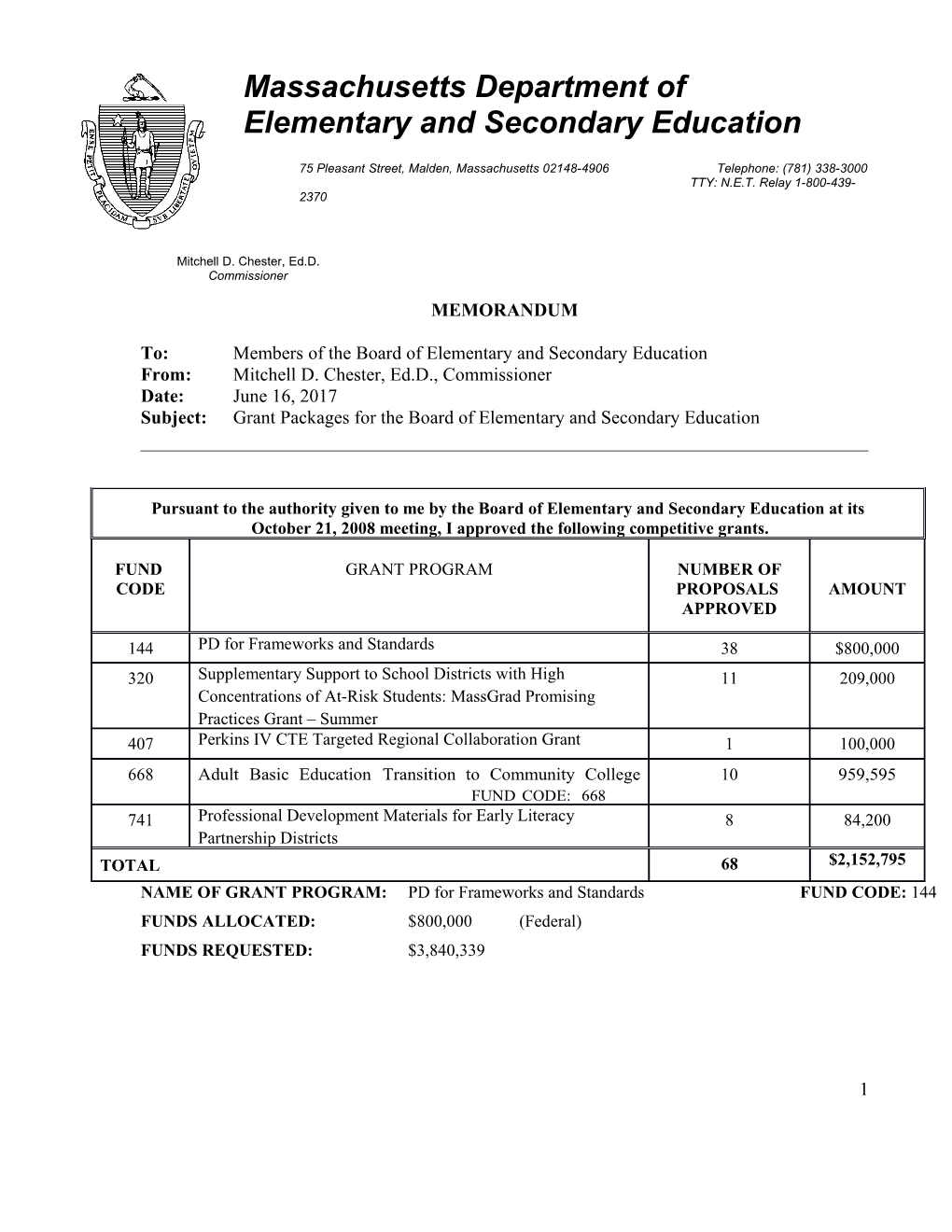 BESE June 2017 Item 14 Memo: Grants