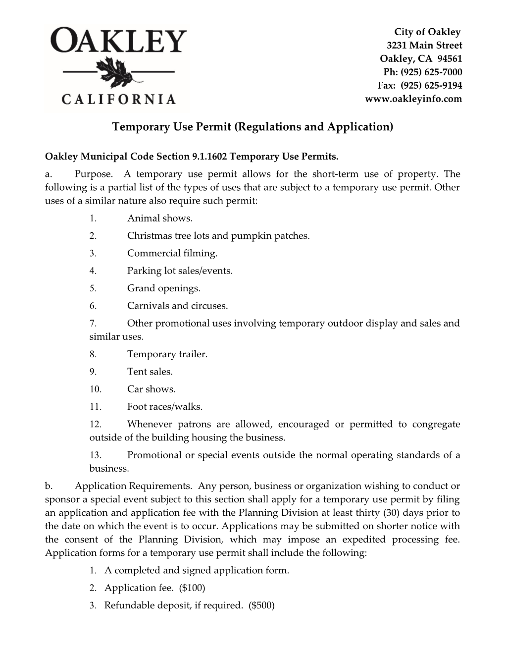 Temporary Use Permit (Regulations and Application)