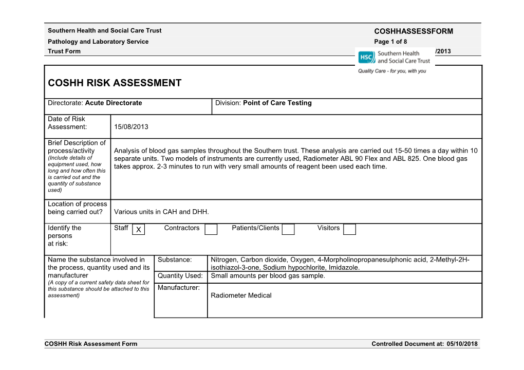 COSHH Risk Assessment Form Controlled Document At: 10/07/2018