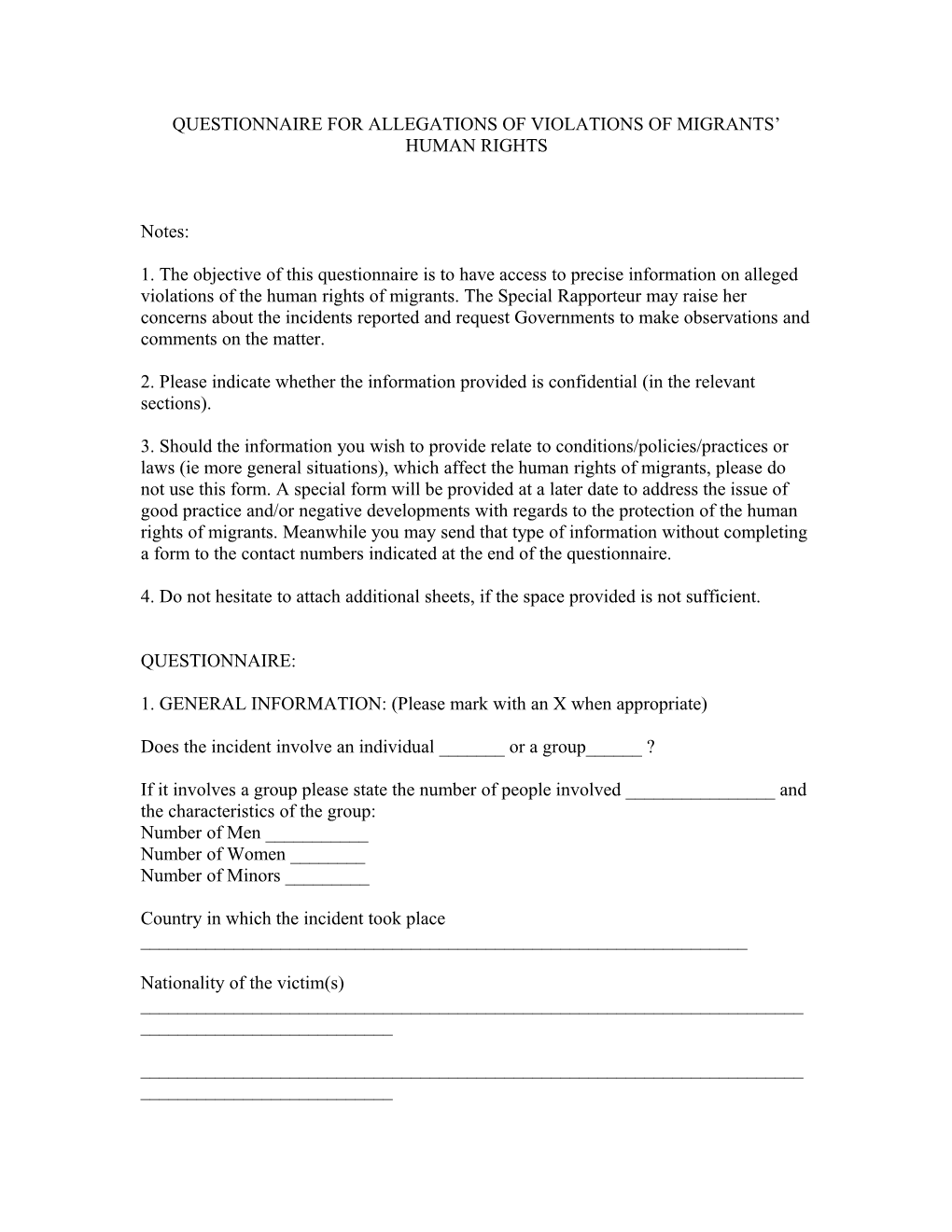 Questionnaire for Allegations of Violations of Migrants Human Rights
