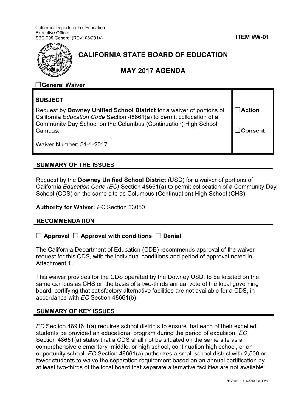 May 2017 Agenda Item W-01 - Meeting Agendas (CA State Board of Education)