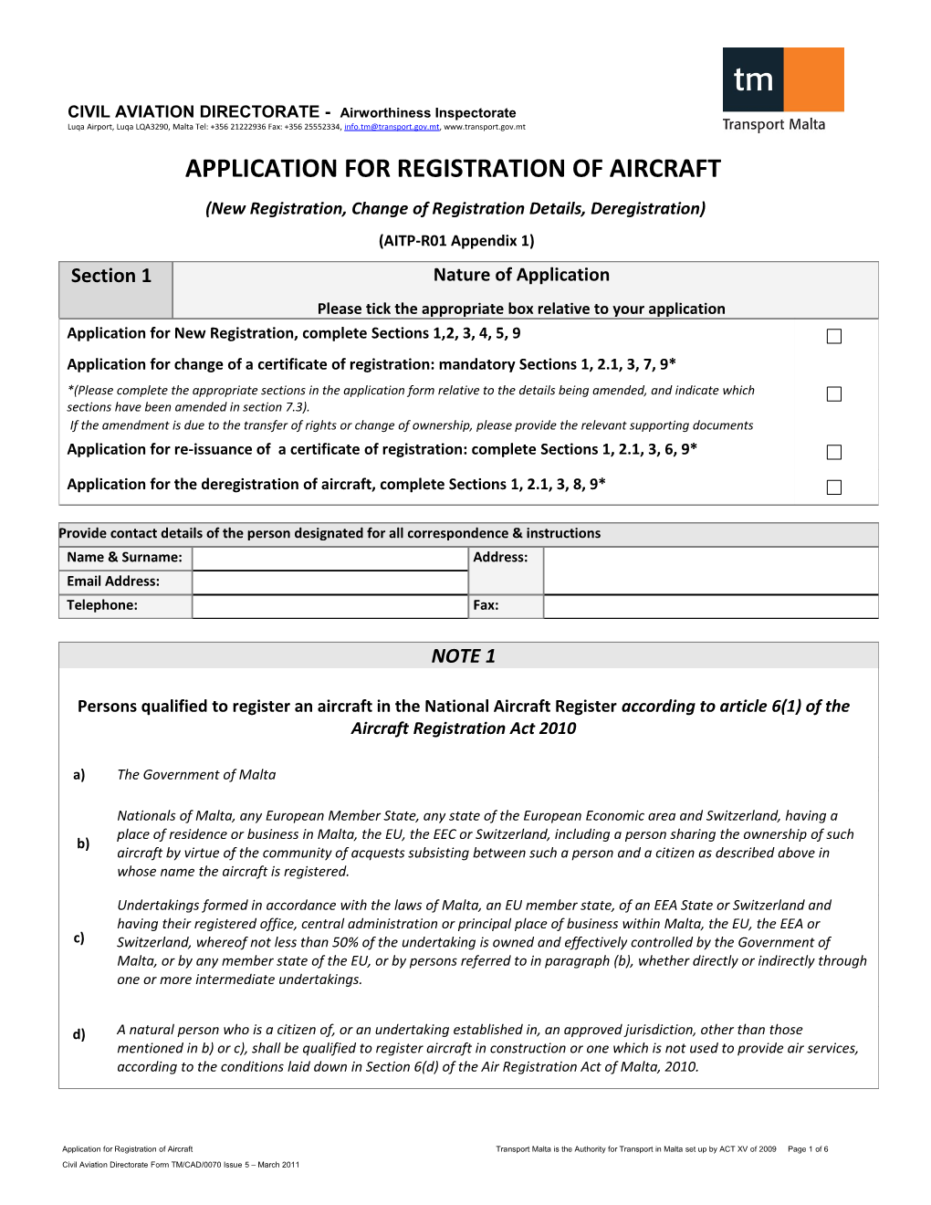 Application for Registration of an Aircraft 2010