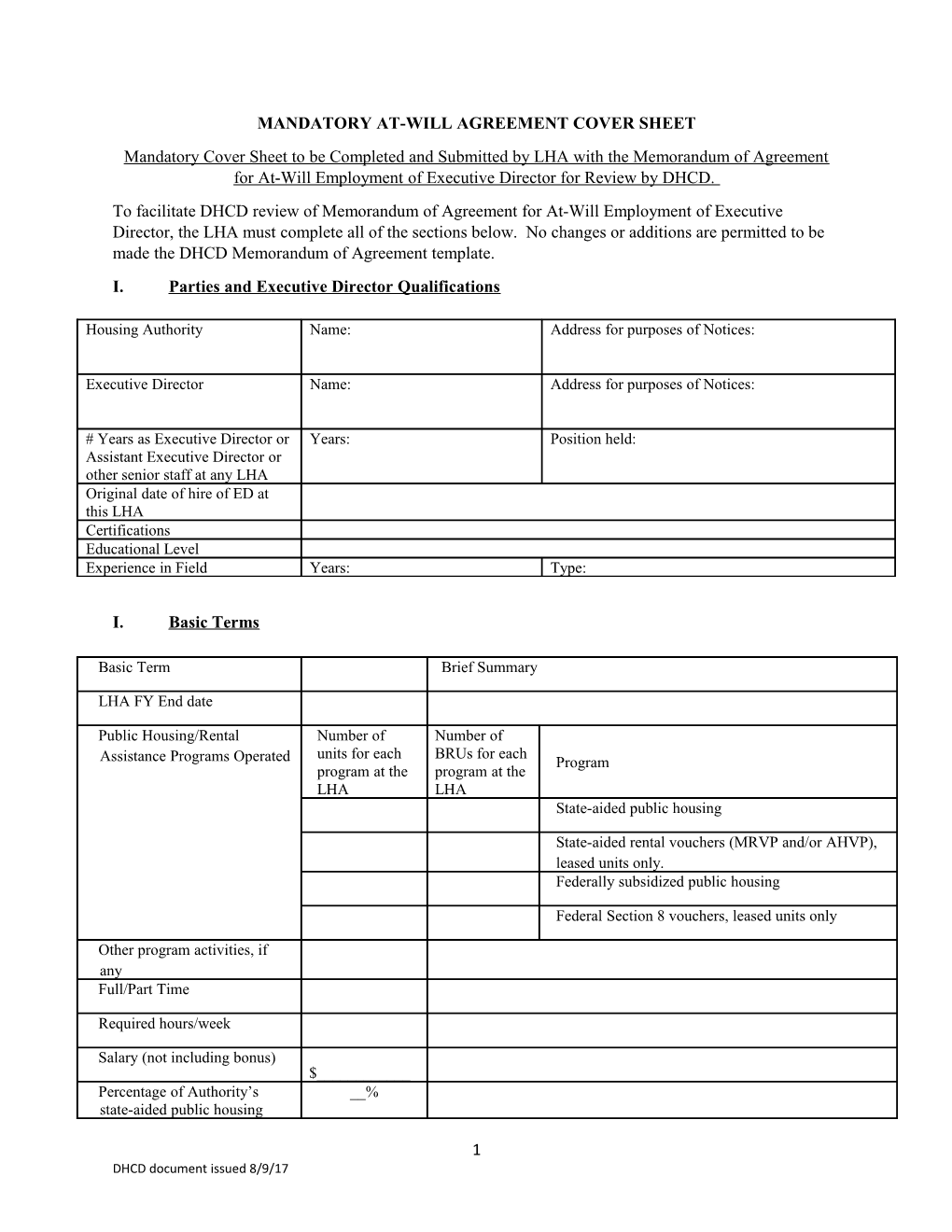 Mandatory At-Will Agreement Cover Sheet