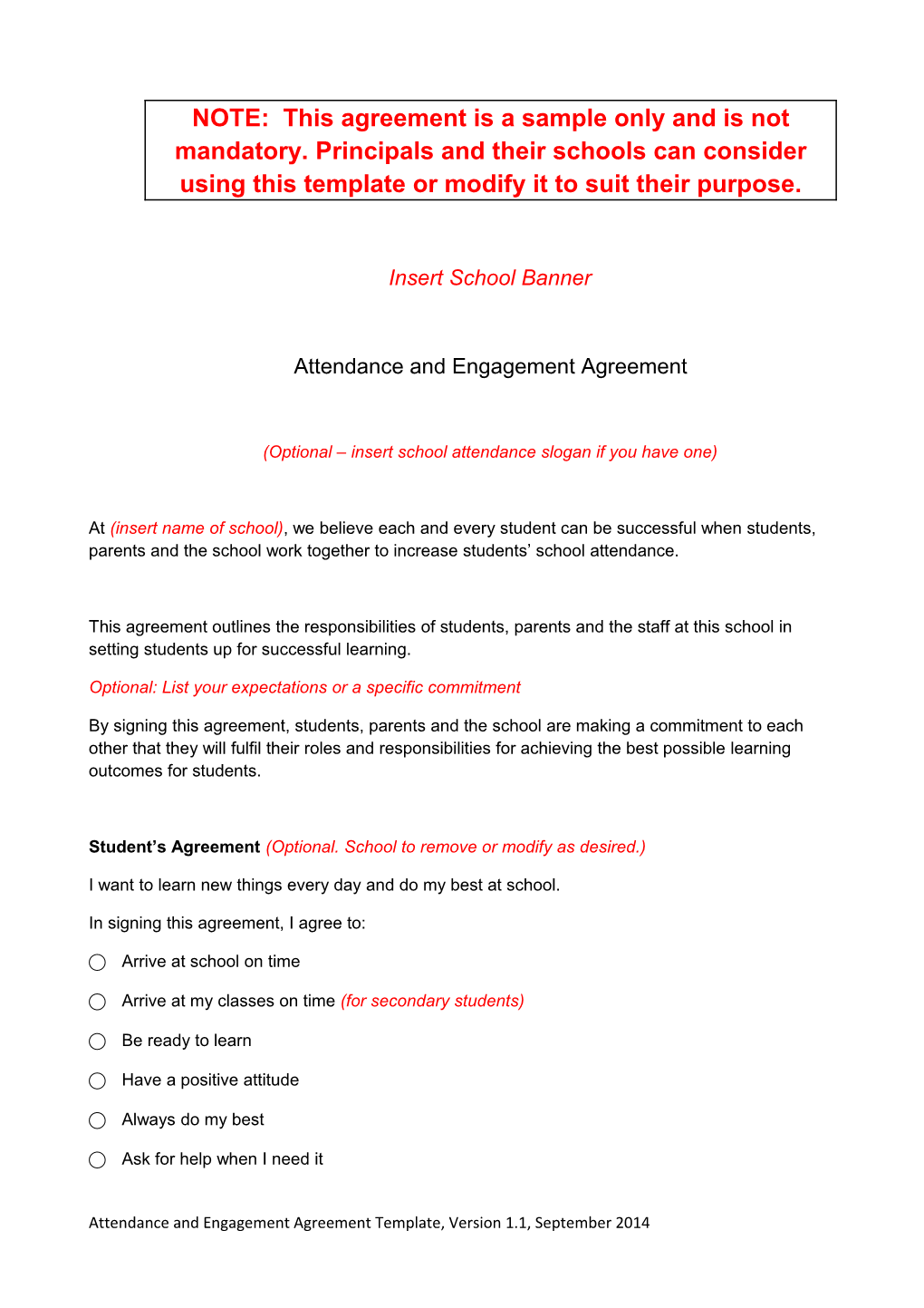 NOTE: This Agreement Is a Sample Only and Is Not Mandatory. Principals and Their Schools